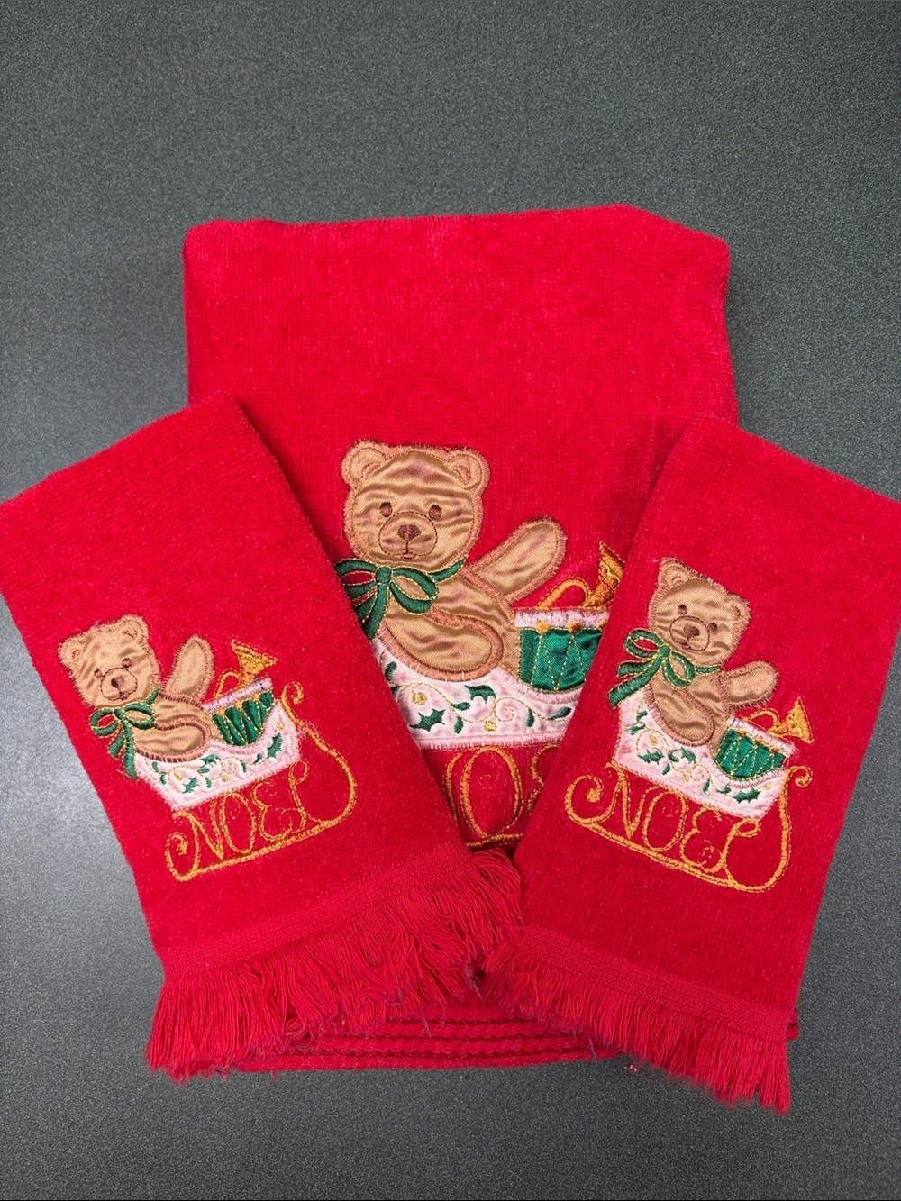 Vintage Cecil Saydah Christmas Towel Set Red Noel Teddy Bear Sleigh 3pc